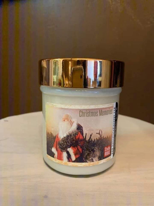 Santa's Tree label on Soy Candle with a wooden wick