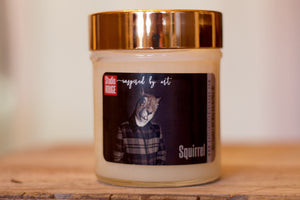 "Squirrel" Label on this 10oz soy candle with a wooden wick and metallic lid