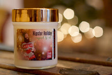 Load image into Gallery viewer, Hipster Holiday Label on a Soy Candle with a wooden wick