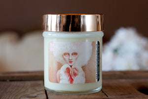 "Love Sick," art by Shanna Koltz on a Soy candle with crackling wooden wick in a 10oz Glass Jar with a shiny lid